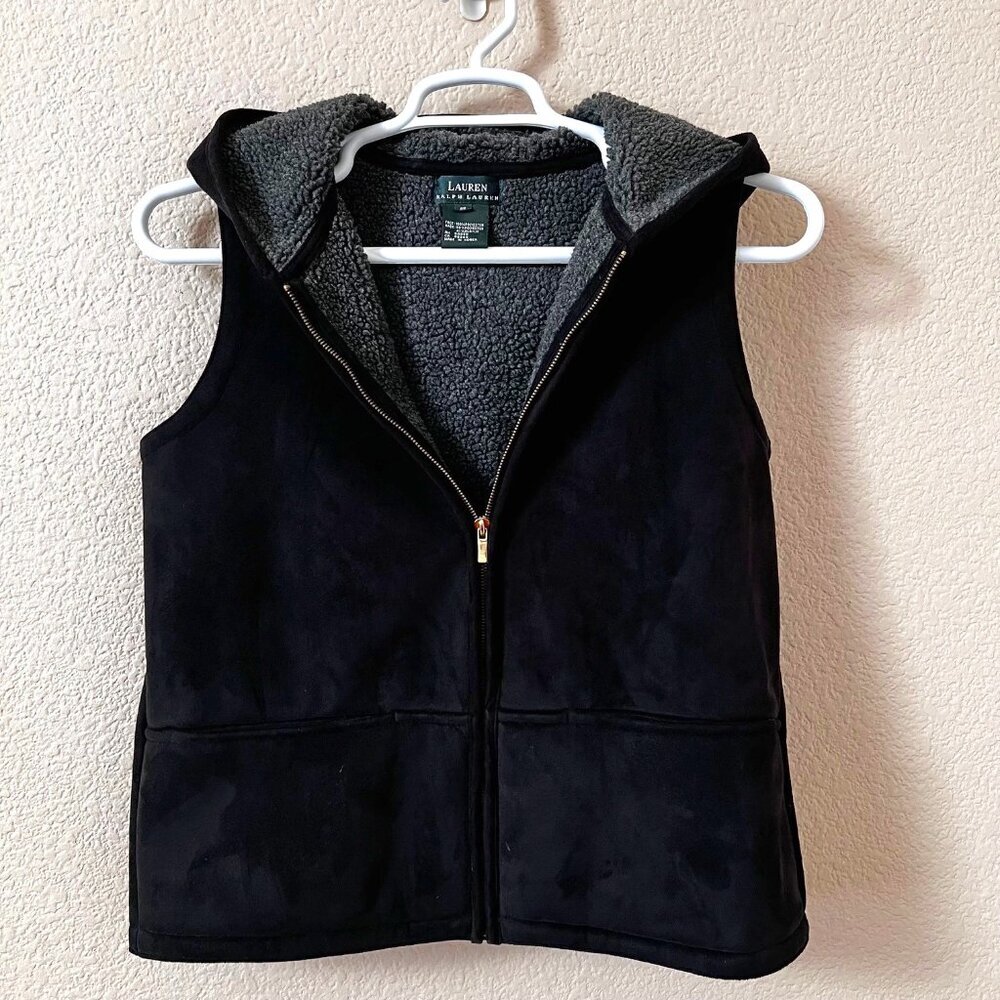 Black Faux Suede & Faux Shearling Hooded Gorpcore Biker Vest Women Size S